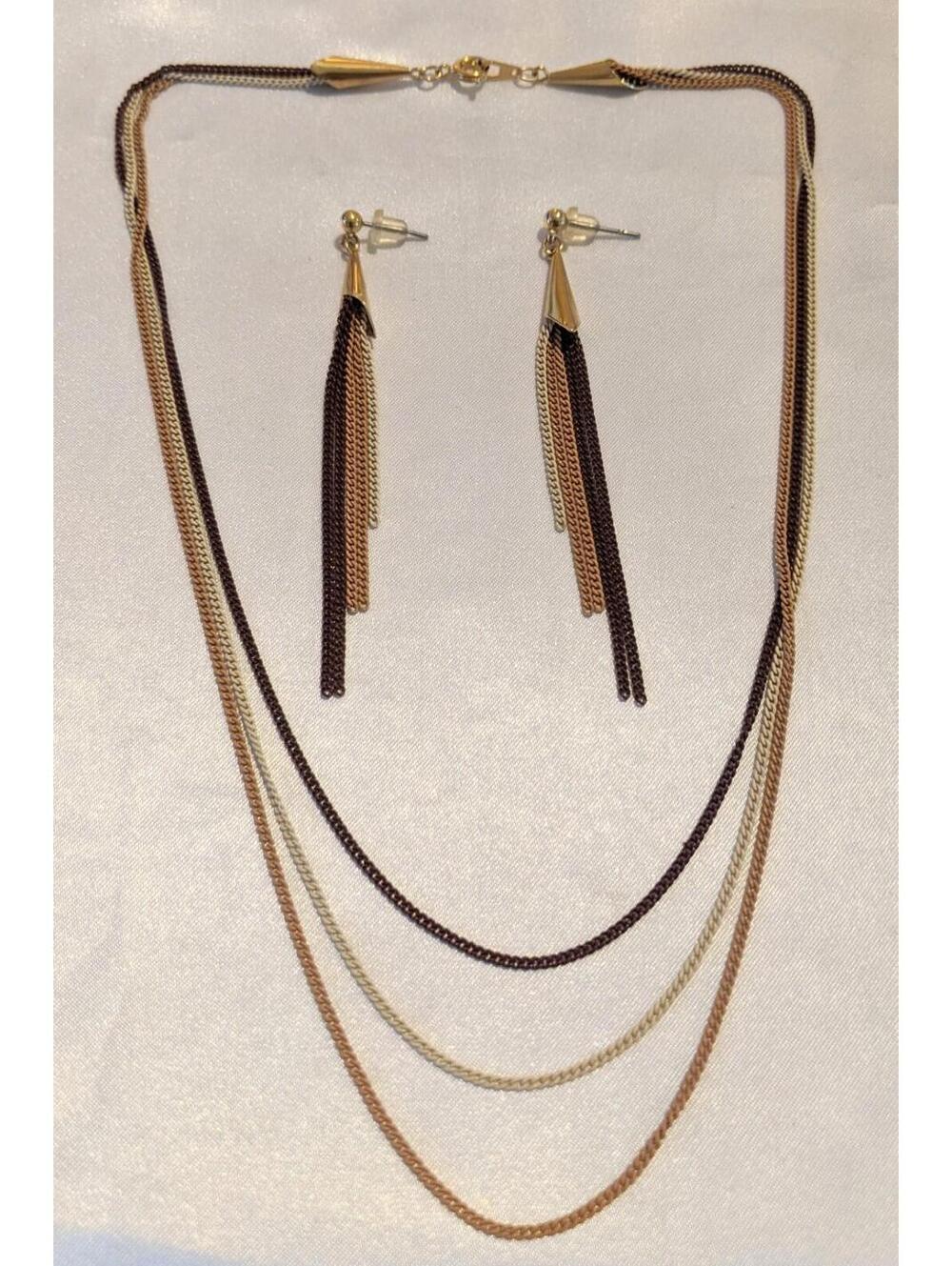 Vintage Tri-tone Chain Necklace & Dangle Earrings Set NOS Brown Ivory Tan